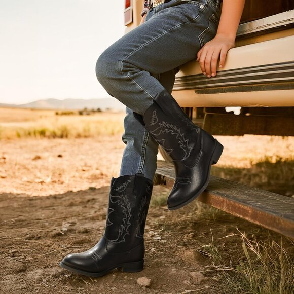 Kids Dark Black   Toddler Little Cowboy Western Square Toe Riding Calf Boots - Picture 3 of 7